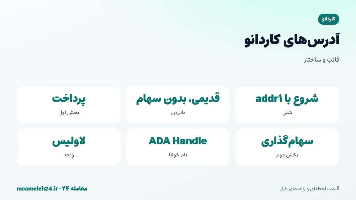 اینفوگرافیک آدرس های کاردانو؛ آدرس شلی با addr1، آدرس قدیمی بایرون، بخش پرداخت و بخش سهام گذاری، و نام های خوانای ADA Handle