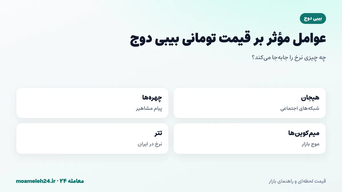 اینفوگرافیک عوامل موثر بر قیمت تومانی بیبی دوج؛ هیجان بازار، پیام چهره های مشهور، موج میم کوین ها، فهرست شدن در صرافی ها و نرخ تتر