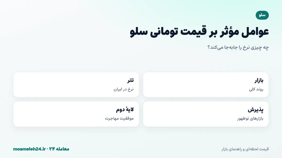 اینفوگرافیک عوامل موثر بر قیمت تومانی سلو؛ روند بازار رمزارز، نرخ تتر، پذیرش موبایلی در بازارهای نوظهور، موفقیت لایه دوم و رقابت شبکه های پرداخت