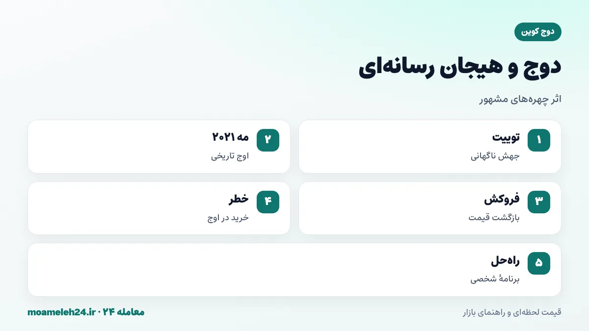 اینفوگرافیک اثر چهره های مشهور بر دوج کوین؛ توییت های ایلان ماسک، اوج مه ۲۰۲۱، جهش ها و سقوط های ناگهانی و خطر خرید در اوج هیجان