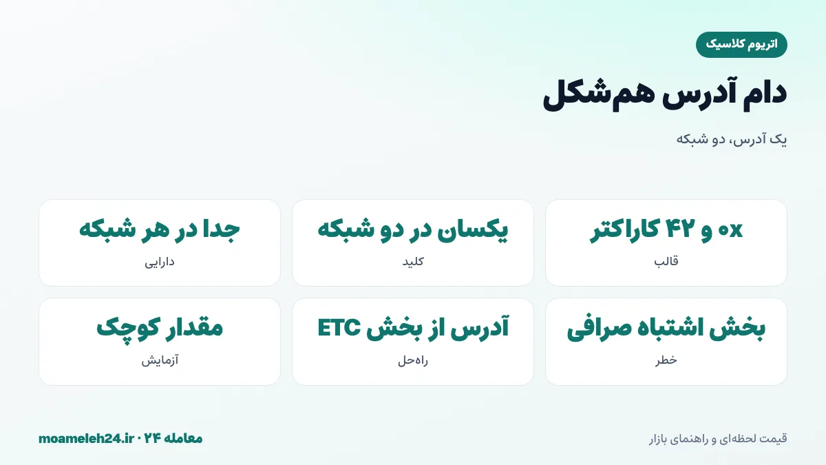 اینفوگرافیک دام آدرس هم شکل اتریوم کلاسیک؛ آدرس ۴۲ کاراکتری با 0x در هر دو شبکه، ارسال اشتباه به آدرس اتریومی صرافی، دشواری بازیابی و بررسی شبکه پیش از ارسال