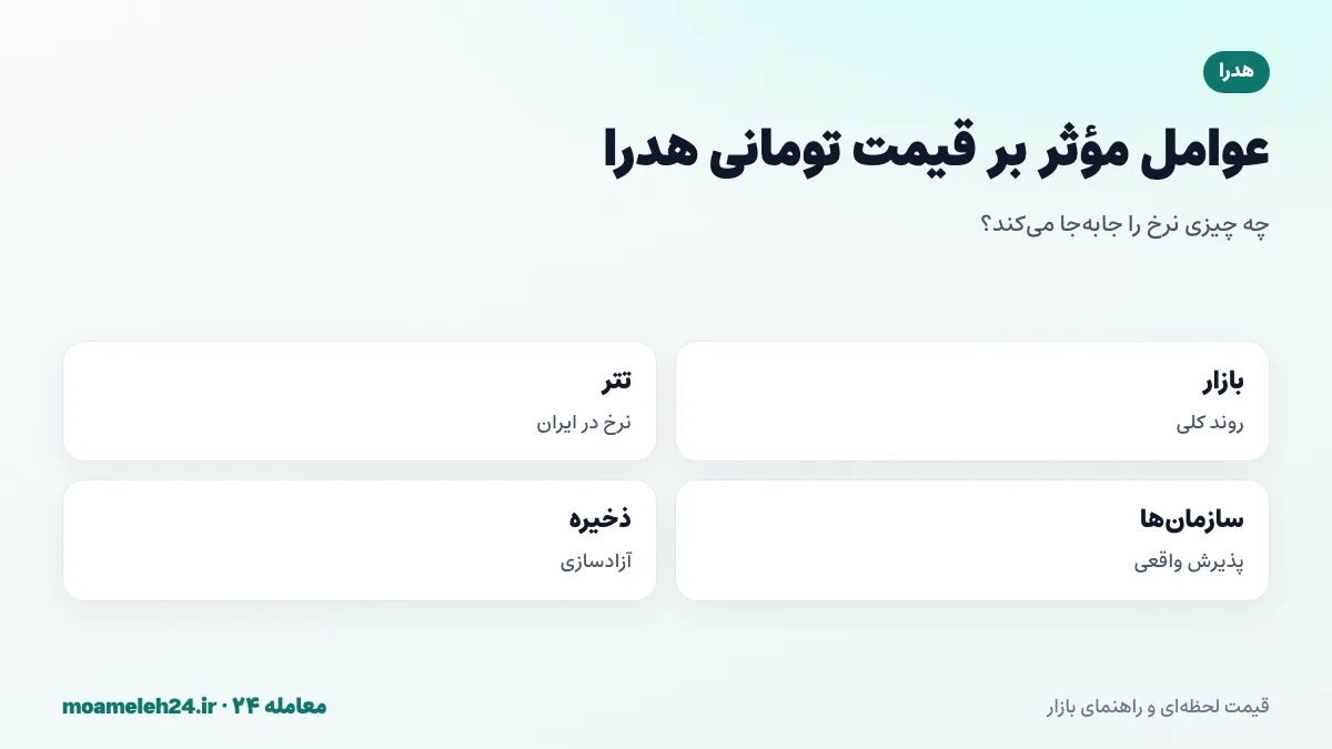 اینفوگرافیک عوامل موثر بر قیمت تومانی هدرا؛ روند بازار رمزارز، نرخ تتر، پذیرش سازمانی، آزادسازی از ذخیره و فعالیت شبکه