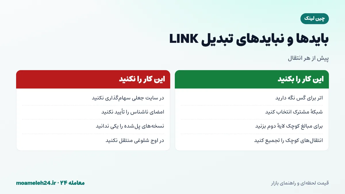 اینفوگرافیک بایدها و نبایدهای تبدیل چین لینک؛ نگهداری اتر برای گس، انتخاب شبکه مشترک، استفاده از لایه دوم برای مبالغ کوچک و دوری از سایت های جعلی سهام گذاری