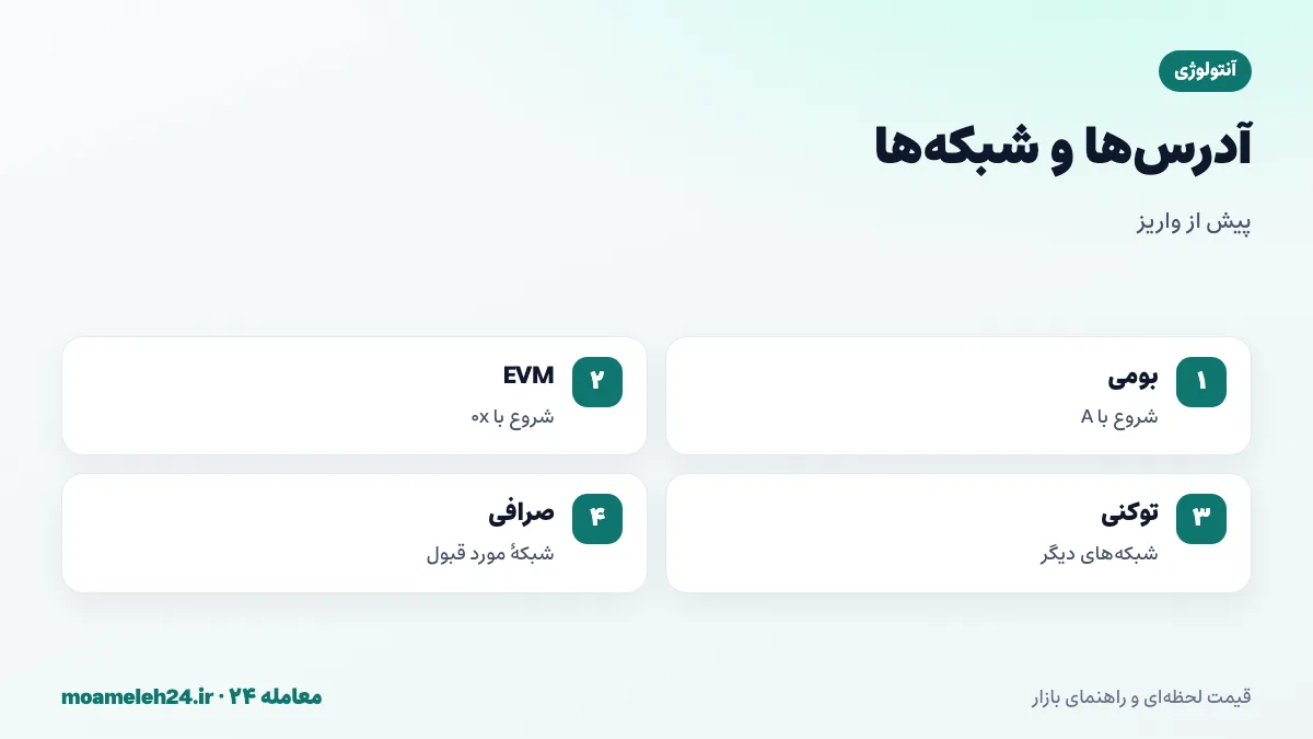 اینفوگرافیک آدرس ها و شبکه های آنتولوژی؛ آدرس بومی با حرف A، آدرس سازگار با اتریوم با 0x، نسخه توکنی روی شبکه های دیگر و بررسی شبکه مورد قبول صرافی