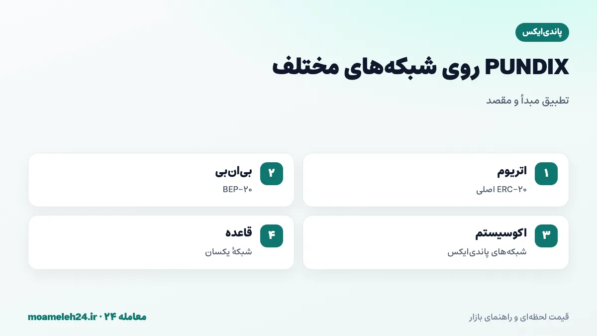 اینفوگرافیک شبکه های PUNDIX؛ توکن اصلی ERC-20 روی اتریوم، نسخه BEP-20 روی بی ان بی، شبکه های اکوسیستم پاندی ایکس و تطبیق شبکه مبدأ و مقصد