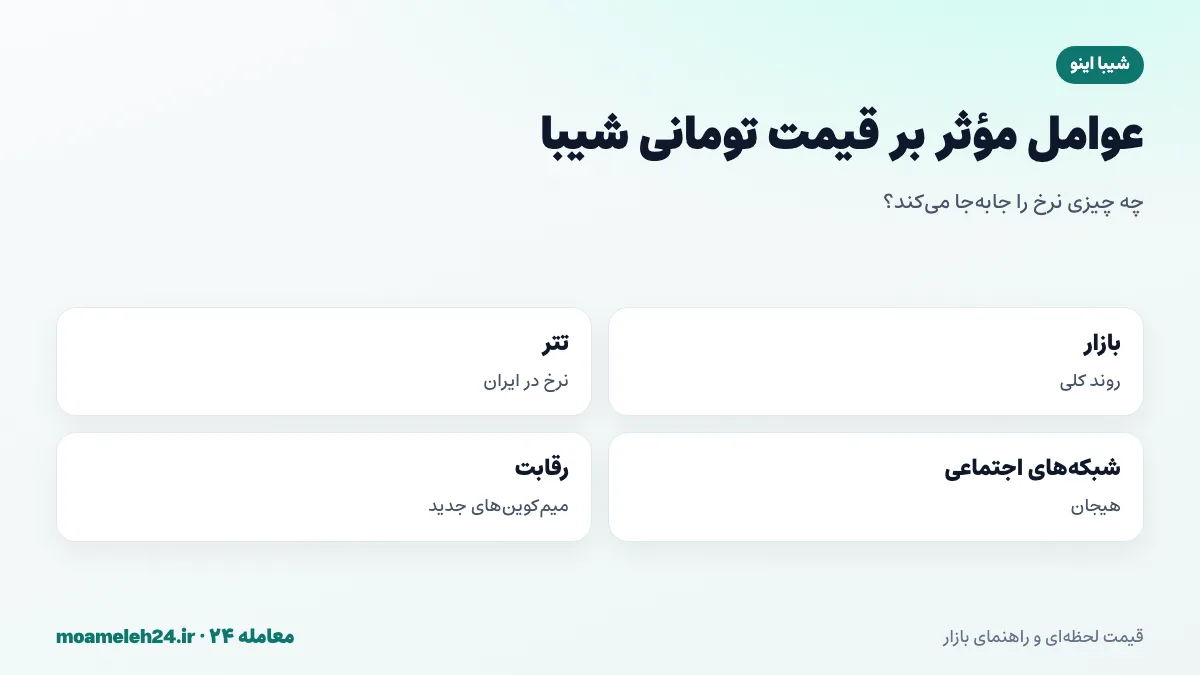 اینفوگرافیک عوامل موثر بر قیمت تومانی شیبا؛ روند بازار رمزارز، نرخ تتر، هیجان شبکه های اجتماعی، تحولات شیباریوم و رقابت میم کوین های جدید