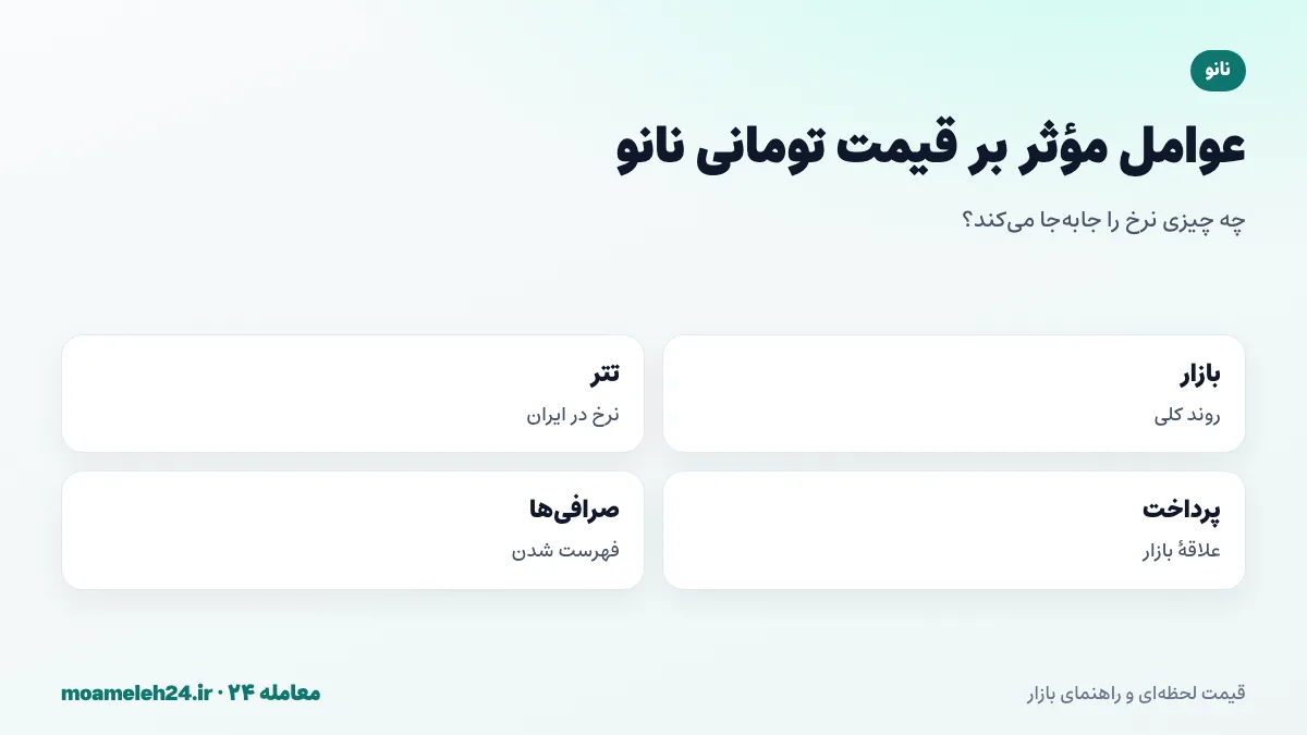 اینفوگرافیک عوامل موثر بر قیمت تومانی نانو؛ روند بازار، نرخ تتر، علاقه به رمزارزهای پرداختی، فهرست شدن در صرافی ها و پذیرش فروشگاه ها