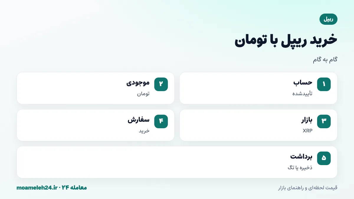 اینفوگرافیک مراحل خرید ریپل با تومان؛ حساب تأییدشده، افزایش موجودی، بازار XRP، ثبت سفارش و برداشت به کیف پول با ذخیره پایه یا به صرافی با تگ مقصد