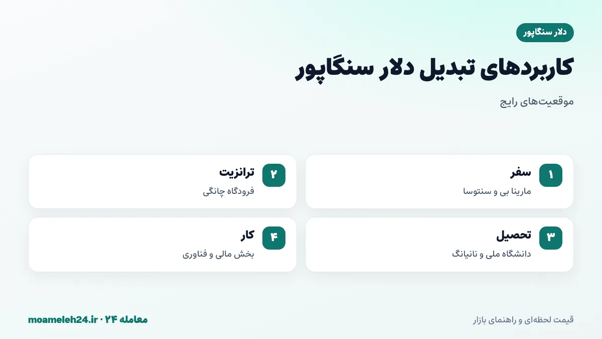 اینفوگرافیک کاربردهای تبدیل دلار سنگاپور به تومان؛ سفر گردشگری، ترانزیت در فرودگاه چانگی، تحصیل در دانشگاه های سنگاپور و کار در بخش مالی