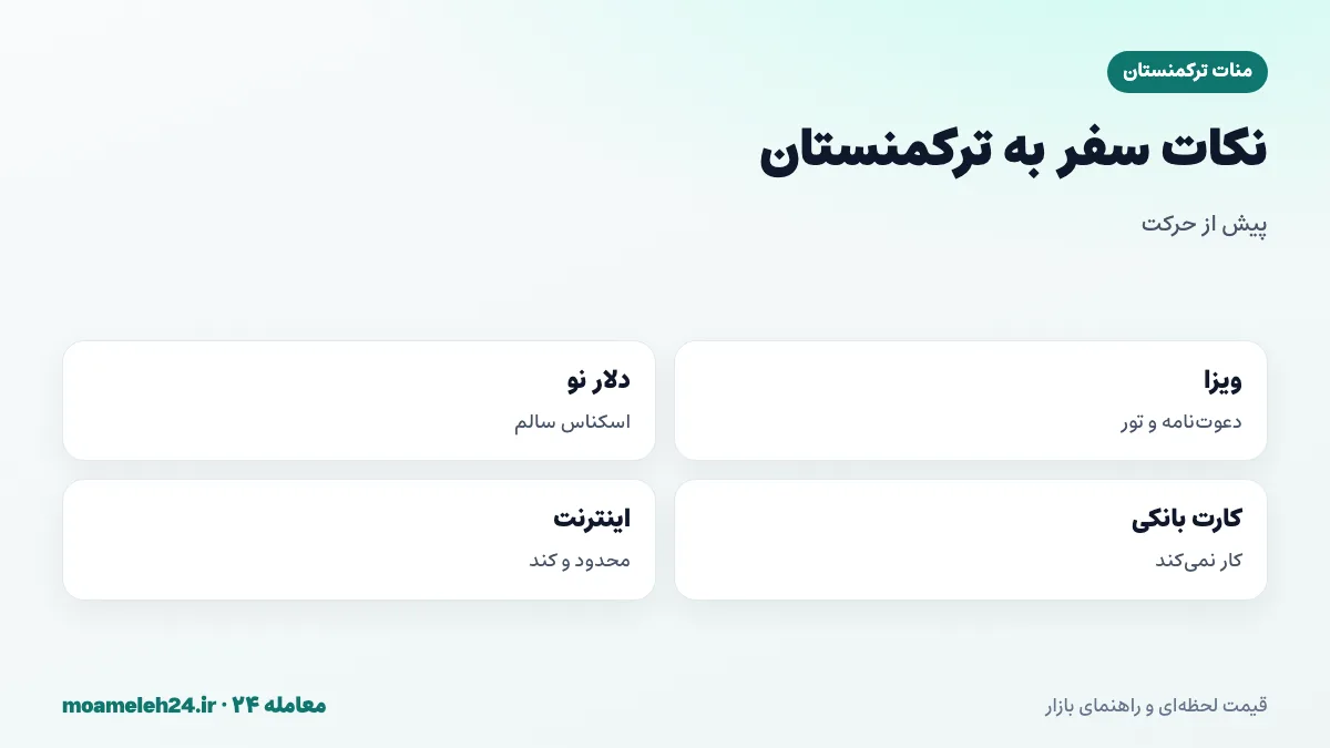 اینفوگرافیک نکات سفر به ترکمنستان؛ ویزا با دعوت نامه، همراه بردن دلار نو، تبدیل قانونی ارز، محدودیت اینترنت و کارت های بانکی خارجی