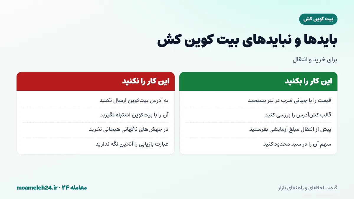 اینفوگرافیک بایدها و نبایدهای خرید بیت کوین کش؛ آدرس صحیح، مدیریت ریسک و مقایسه قیمت
