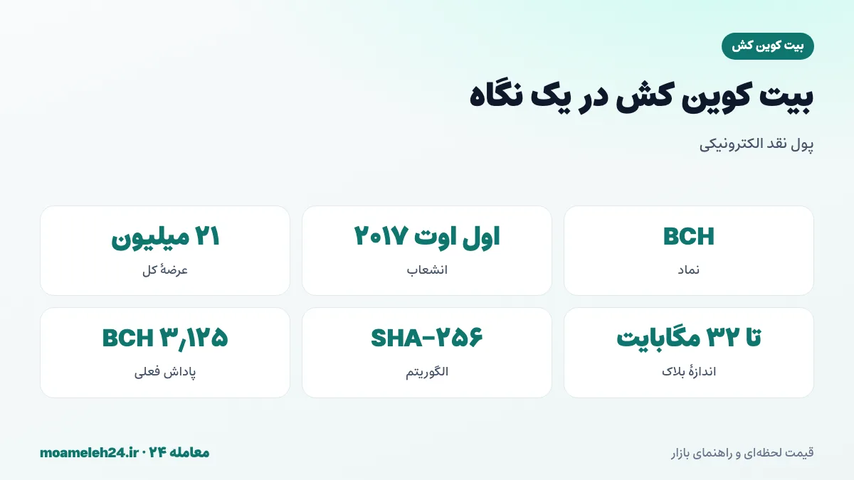 اینفوگرافیک بیت کوین کش در یک نگاه؛ هاردفورک اوت ۲۰۱۷، عرضه ۲۱ میلیون، الگوریتم SHA256 و بلاک های بزرگ