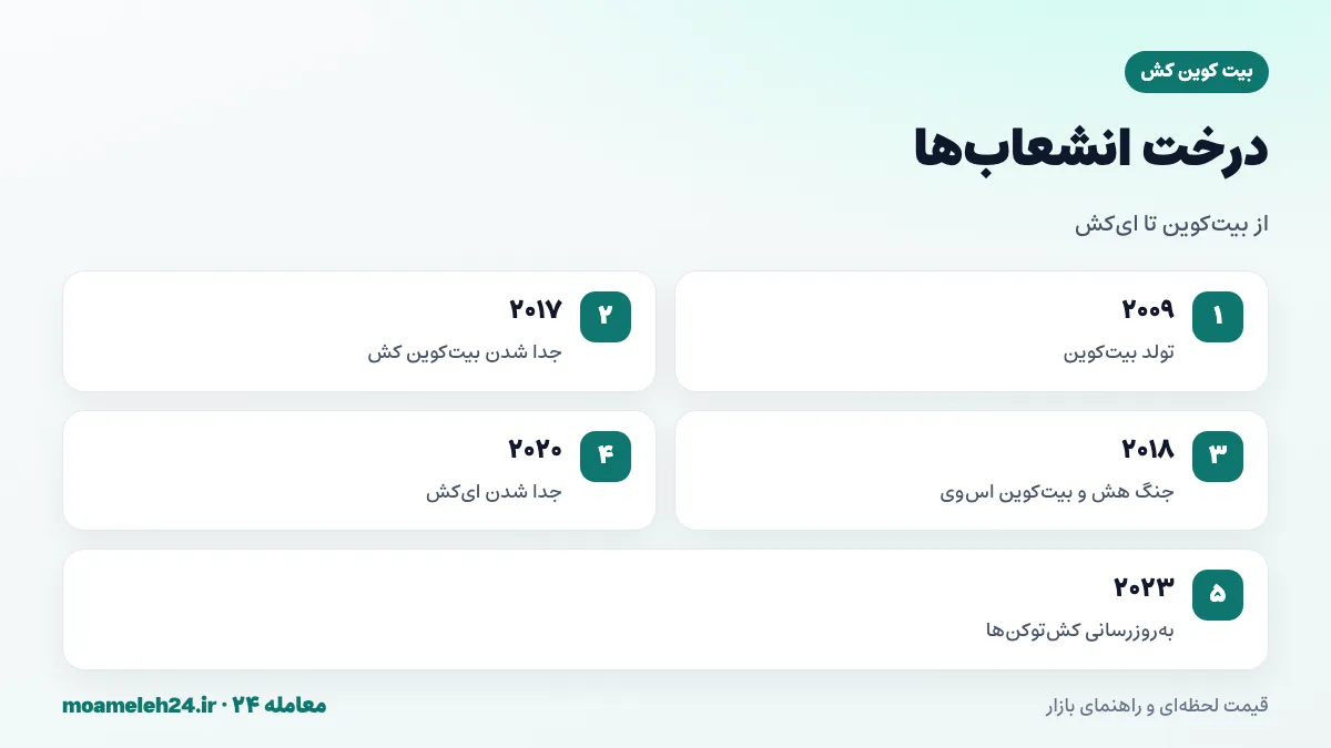 اینفوگرافیک درخت انشعاب های بیت کوین؛ بیت کوین کش ۲۰۱۷، بیت کوین اس وی ۲۰۱۸ و ای کش ۲۰۲۰
