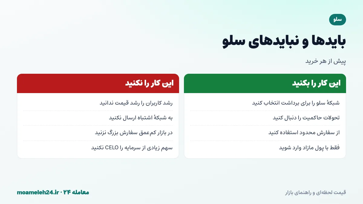 اینفوگرافیک بایدها و نبایدهای خرید سلو؛ انتخاب شبکه درست، پیگیری حاکمیت، استفاده از سفارش محدود و پرهیز از تمرکز سرمایه
