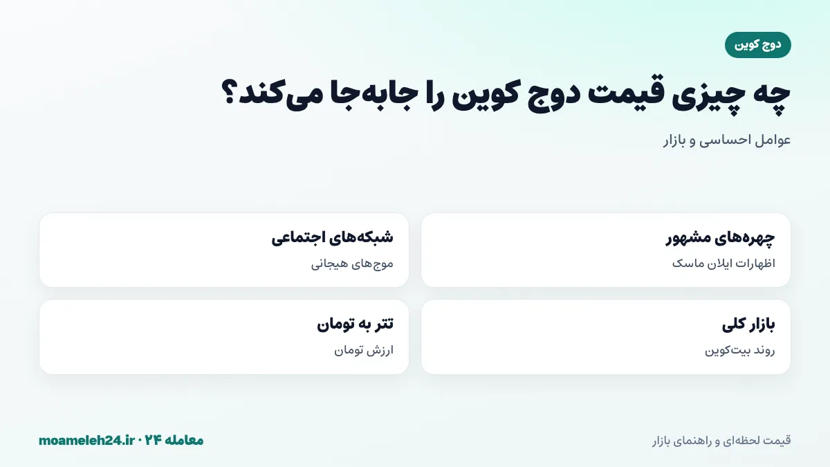 اینفوگرافیک عوامل موثر بر قیمت دوج کوین؛ ایلان ماسک، هیجان شبکه های اجتماعی، بازار کلی رمزارز و قیمت تتر به تومان