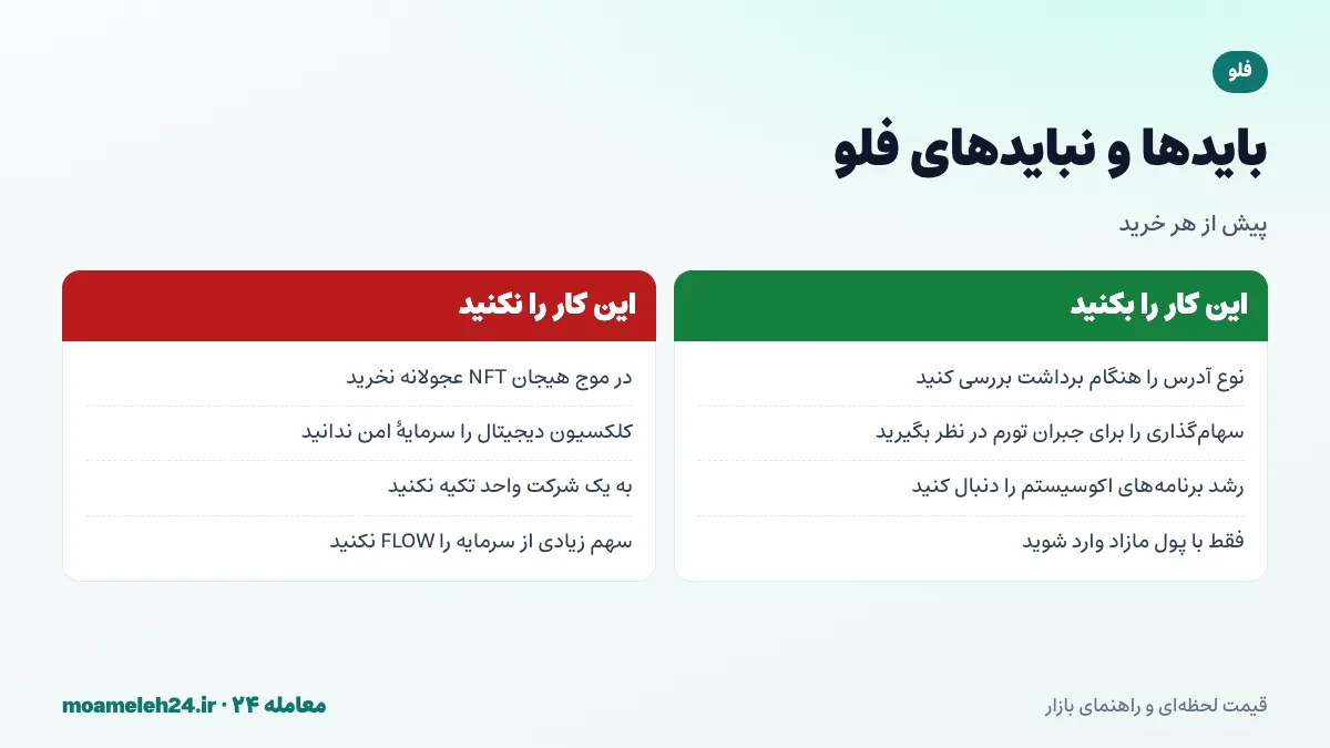اینفوگرافیک بایدها و نبایدهای خرید فلو؛ بررسی نوع آدرس، سهام گذاری برای جبران تورم، پرهیز از هیجان NFT و مدیریت ریسک