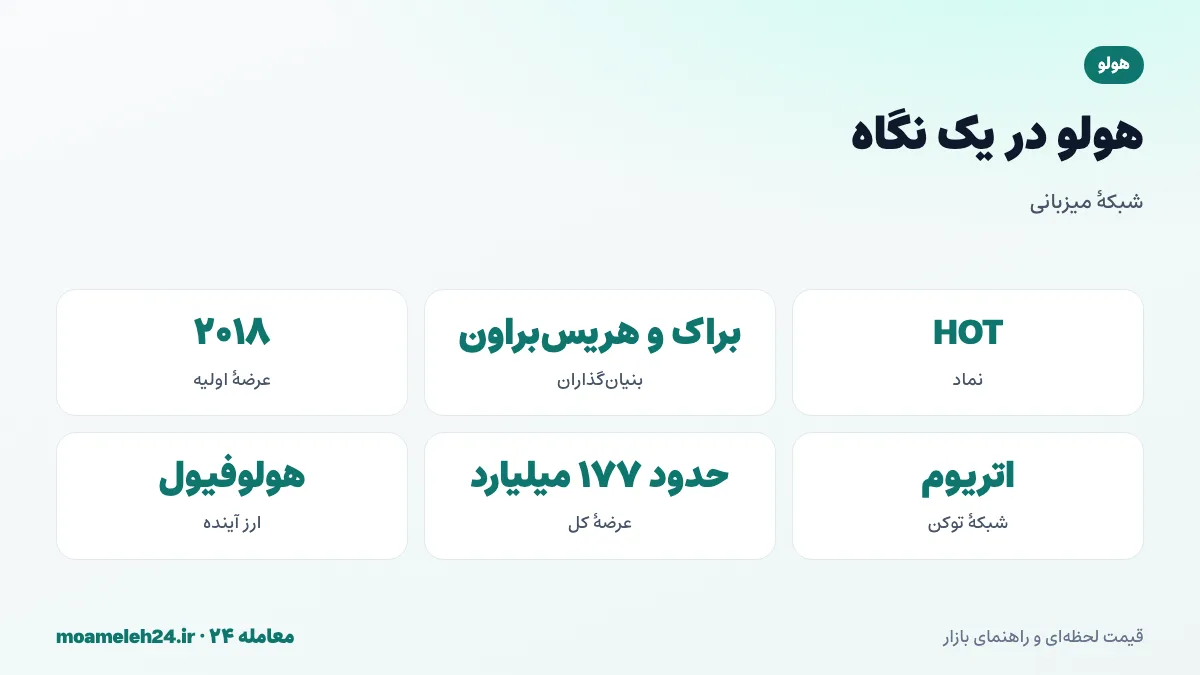 اینفوگرافیک هولو در یک نگاه؛ بنیان گذاران آرتور براک و اریک هریس براون، عرضه اولیه ۲۰۱۸، توکن HOT روی اتریوم و چارچوب هولوچین