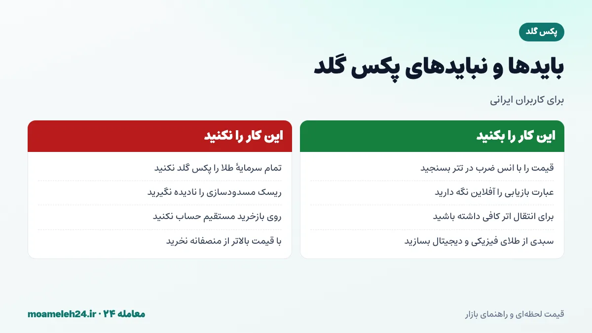 اینفوگرافیک بایدها و نبایدهای خرید پکس گلد برای کاربران ایرانی؛ قیمت منصفانه، ریسک مسدودسازی و امنیت کیف پول