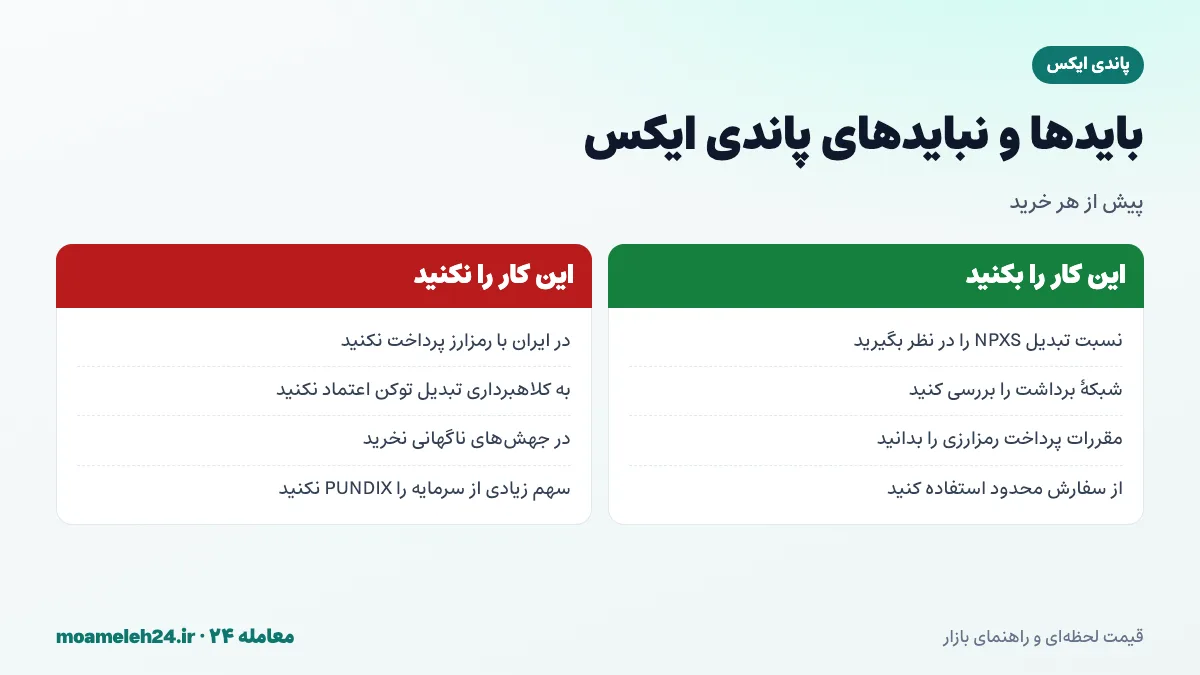اینفوگرافیک بایدها و نبایدهای خرید پاندی ایکس؛ تبدیل NPXS، انتخاب شبکه، مقررات پرداخت و مدیریت ریسک