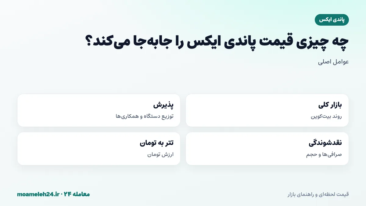 اینفوگرافیک عوامل موثر بر قیمت پاندی ایکس؛ بازار کلی رمزارز، پذیرش پرداخت، نقدشوندگی و قیمت تتر به تومان