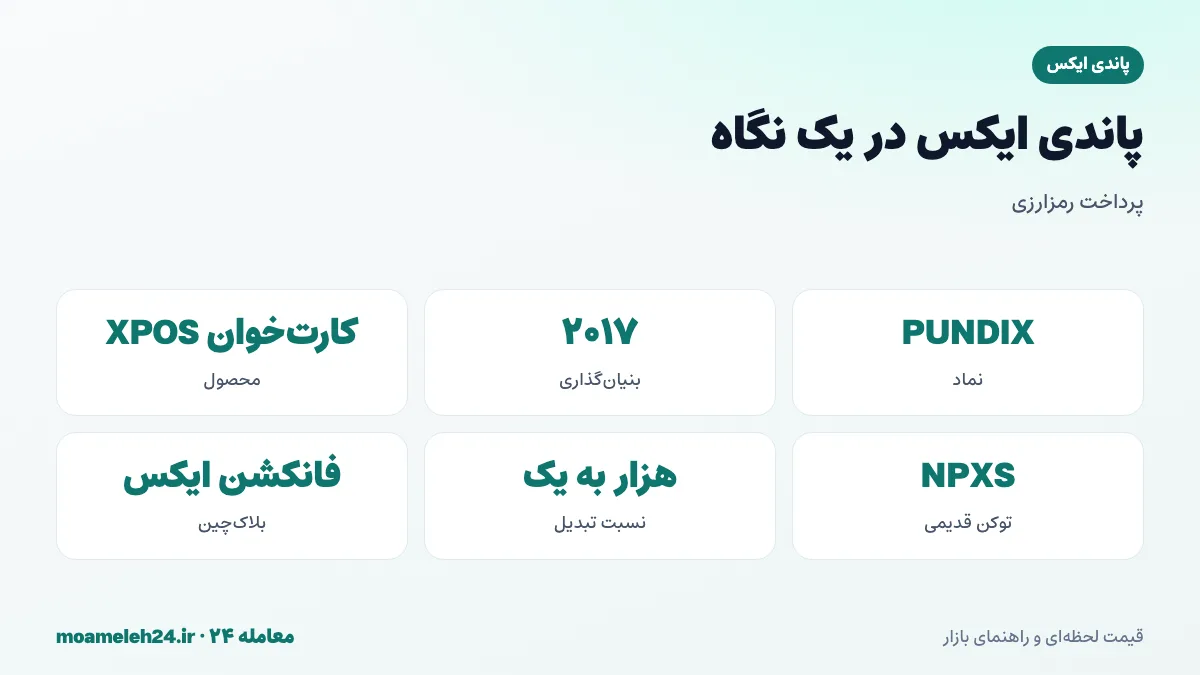 اینفوگرافیک پاندی ایکس در یک نگاه؛ بنیان گذاری ۲۰۱۷، دستگاه پرداخت XPOS، تبدیل NPXS به PUNDIX و پرداخت رمزارزی در فروشگاه