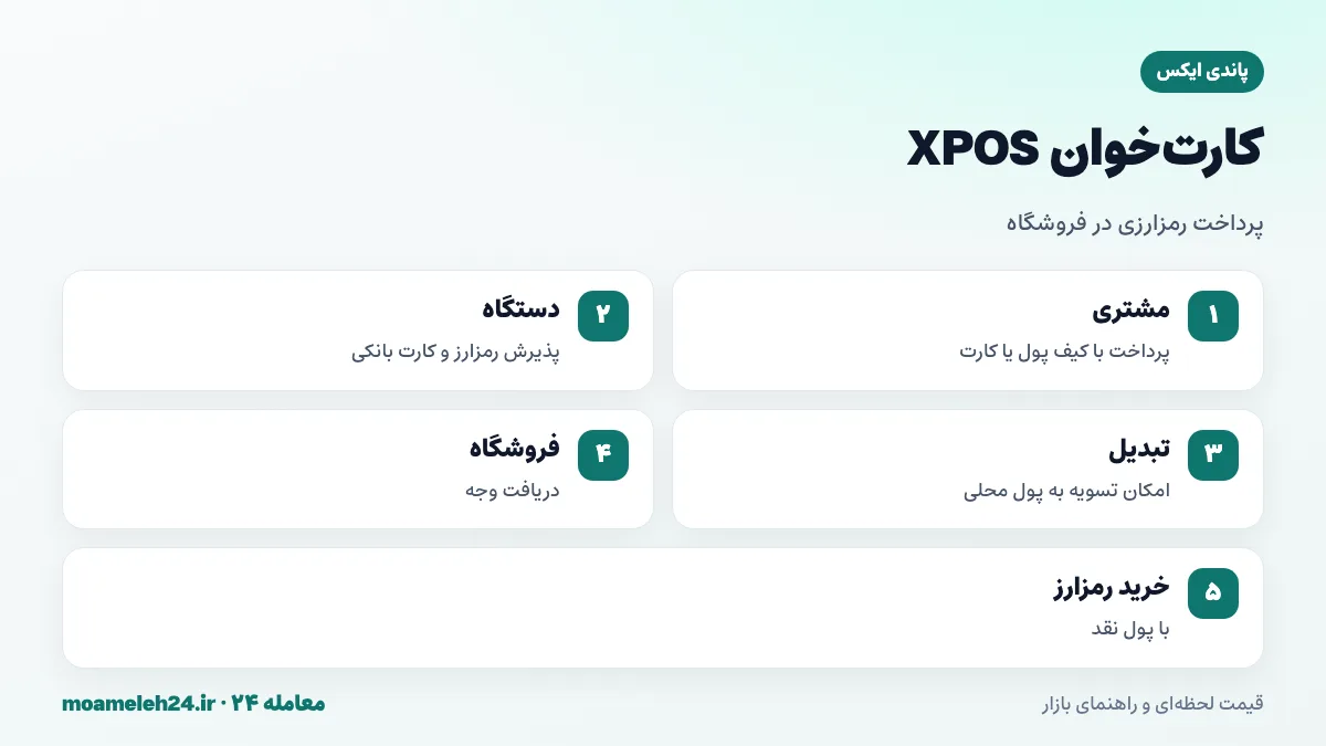 اینفوگرافیک دستگاه XPOS پاندی ایکس؛ پذیرش رمزارز در فروشگاه، پرداخت با کیف پول یا کارت، تسویه به پول محلی و خرید رمزارز