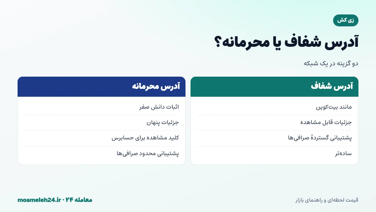 اینفوگرافیک مقایسه آدرس شفاف و محرمانه زی کش؛ تراکنش قابل مشاهده در برابر تراکنش پنهان و کلید مشاهده