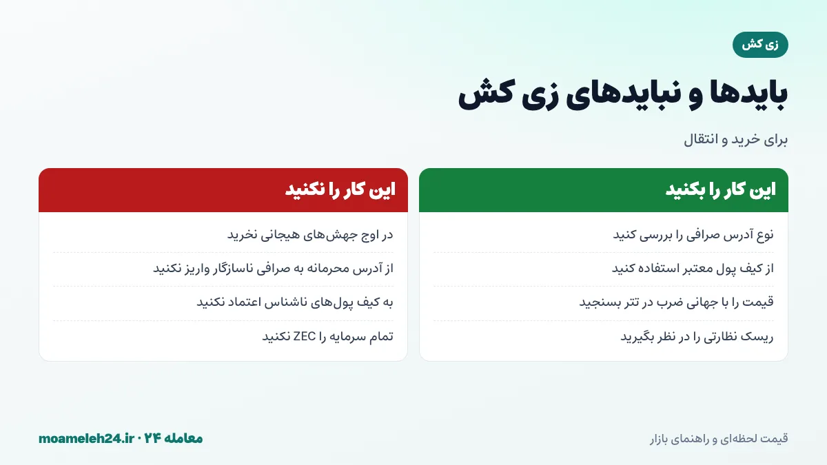 اینفوگرافیک بایدها و نبایدهای خرید زی کش؛ نوع آدرس، کیف پول معتبر، ریسک نظارتی و مدیریت سرمایه
