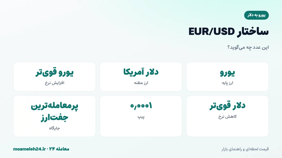 اینفوگرافیک ساختار جفت ارز EUR/USD؛ یورو ارز پایه، دلار ارز مظنه، معنای افزایش و کاهش نرخ و واحد پیپ