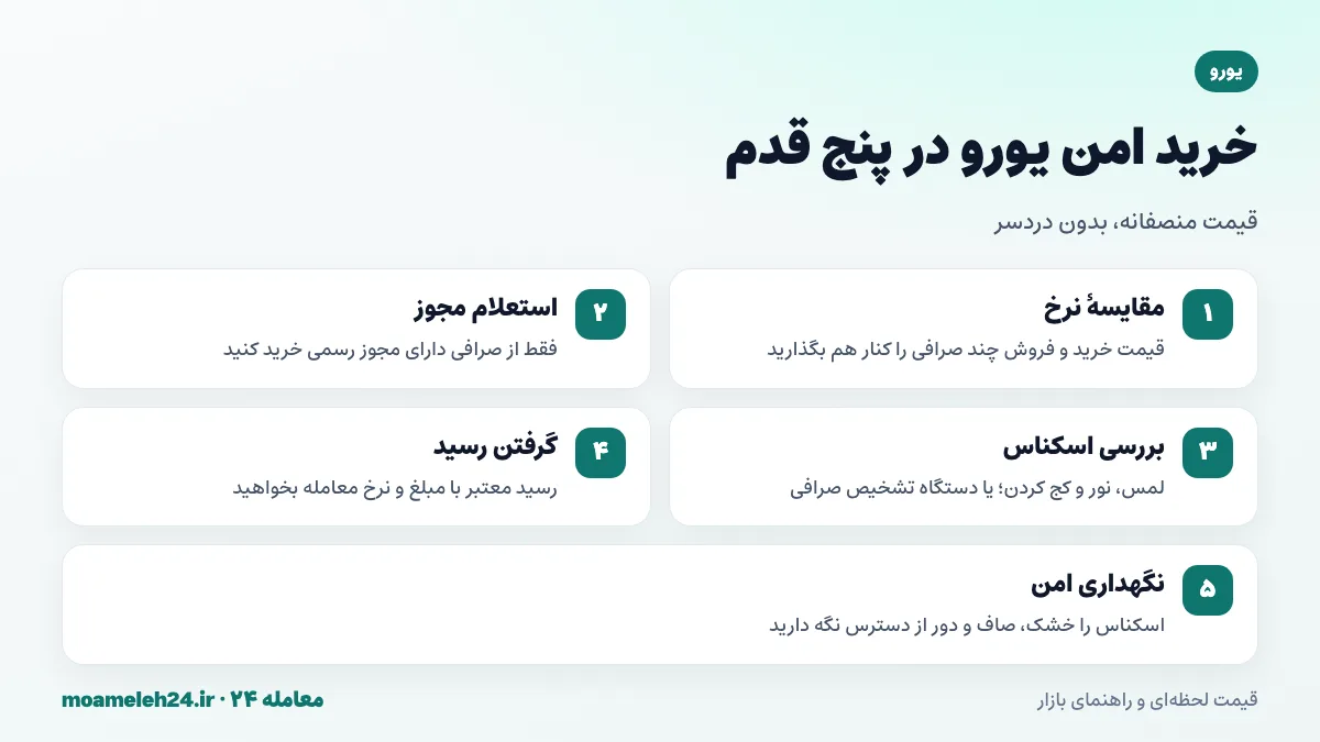 اینفوگرافیک مراحل خرید امن یورو از صرافی مجاز؛ مقایسه نرخ، استعلام مجوز، بررسی اسکناس، گرفتن رسید و نگهداری امن
