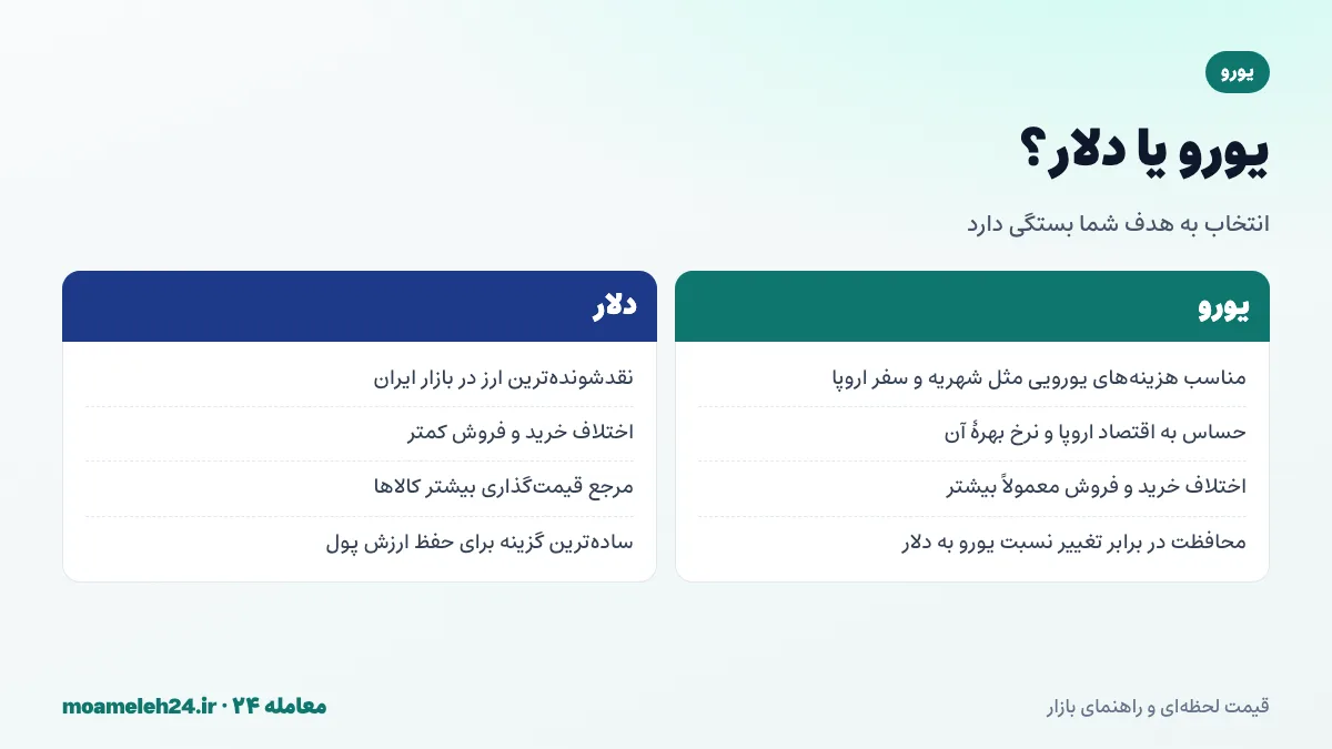 اینفوگرافیک مقایسه یورو و دلار برای خرید و پس‌انداز؛ نقدشوندگی، کاربرد، نوسان و حساسیت به اقتصاد اروپا