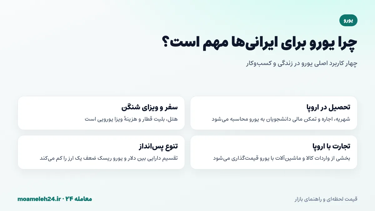 اینفوگرافیک کاربردهای یورو برای ایرانی‌ها؛ تحصیل در اروپا، سفر و ویزای شنگن، تجارت با اروپا و تنوع در پس‌انداز