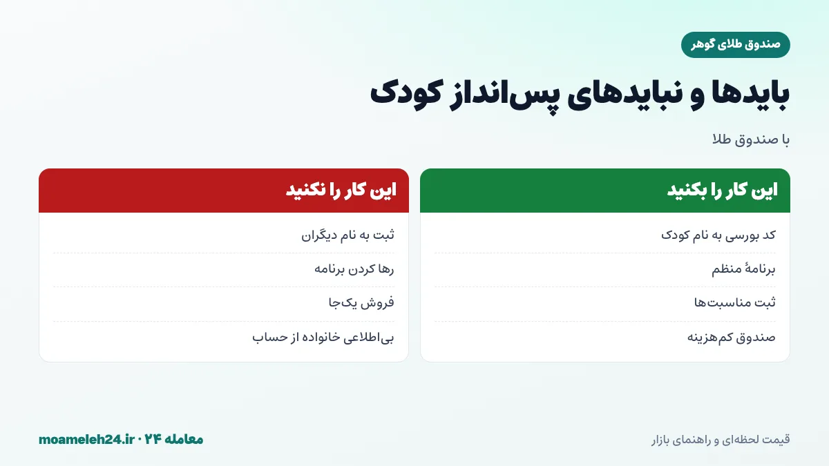 اینفوگرافیک بایدها و نبایدهای پس انداز طلایی کودک با صندوق گوهر؛ کد بورسی به نام کودک، برنامه منظم، ثبت مناسبت ها و پرهیز از فروش یکجا