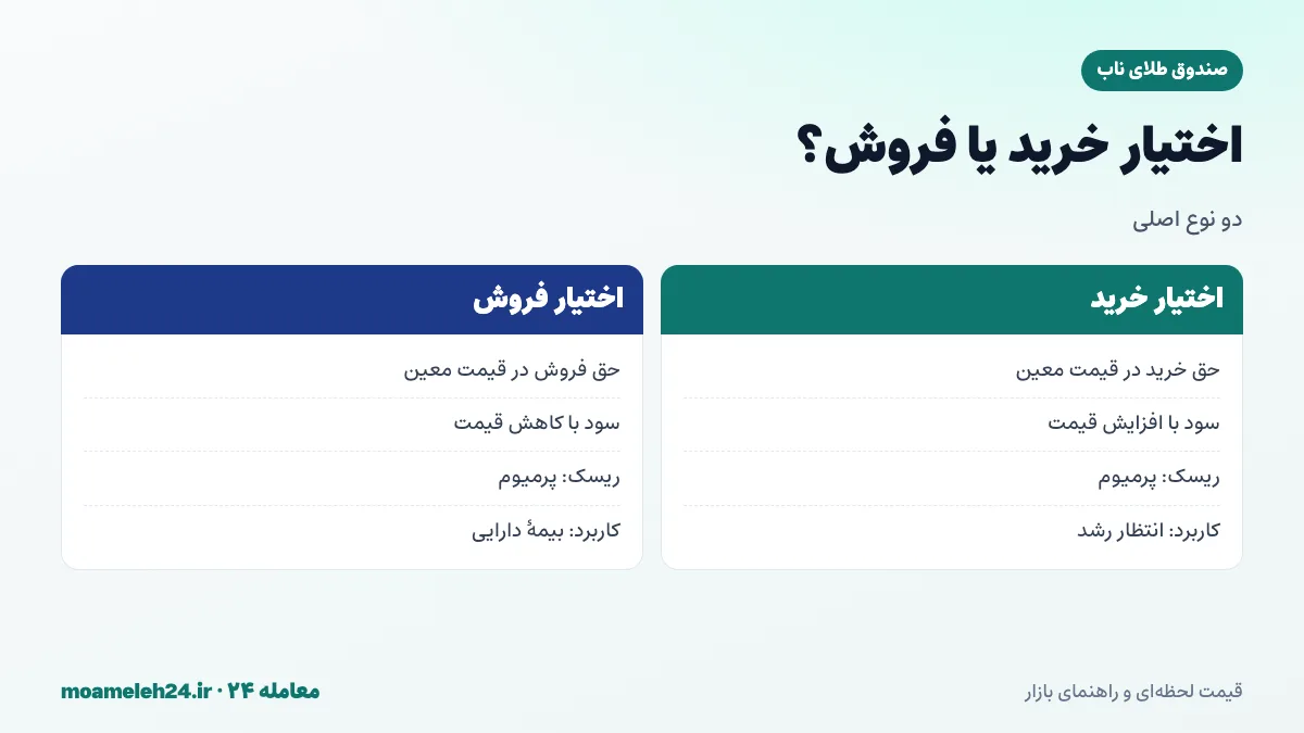 اینفوگرافیک مقایسه اختیار خرید و اختیار فروش؛ حق خرید در قیمت معین، حق فروش در قیمت معین و شرایط سودآوری هر کدام