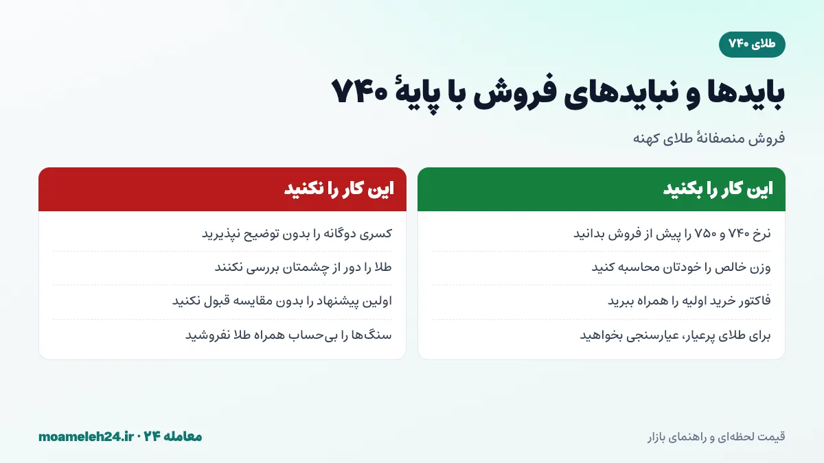 اینفوگرافیک بایدها و نبایدهای فروش طلا با پایه ۷۴۰ برای جلوگیری از ضرر