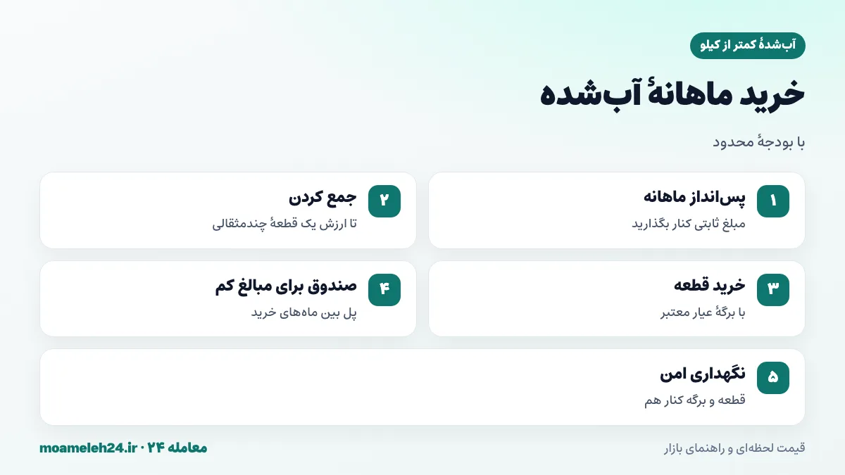 اینفوگرافیک مراحل برنامه خرید ماهانه آب شده با بودجه محدود از پس انداز تا خرید قطعه و نگهداری
