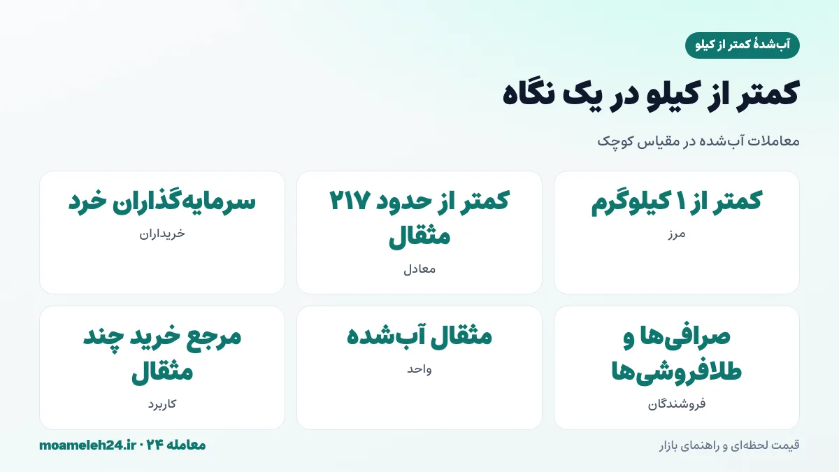 اینفوگرافیک معاملات آب شده کمتر از کیلو در یک نگاه؛ مقیاس معامله، خریداران و تفاوت با معاملات کیلویی
