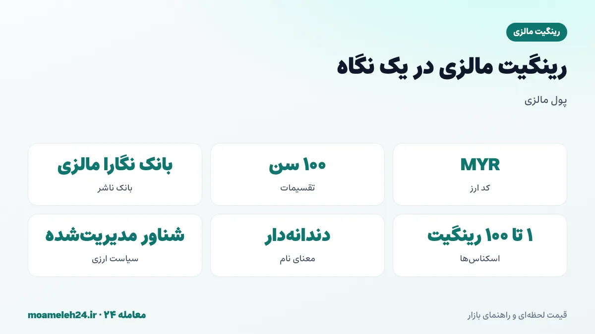 اینفوگرافیک رینگیت مالزی در یک نگاه؛ کد MYR، بانک نگارا مالزی، تقسیم به ۱۰۰ سن و اسکناس های ۱ تا ۱۰۰ رینگیتی