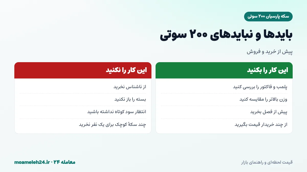 اینفوگرافیک بایدها و نبایدهای سکه پارسیان ۲۰۰ سوتی؛ بررسی پلمب و فاکتور، مقایسه با وزن های بالاتر، خرید پیش از فصل و پرهیز از فروشنده ناشناس