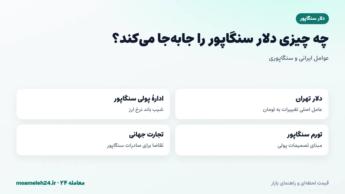 اینفوگرافیک عوامل موثر بر قیمت دلار سنگاپور به تومان؛ دلار تهران، سیاست اداره پولی، تورم و تجارت جهانی
