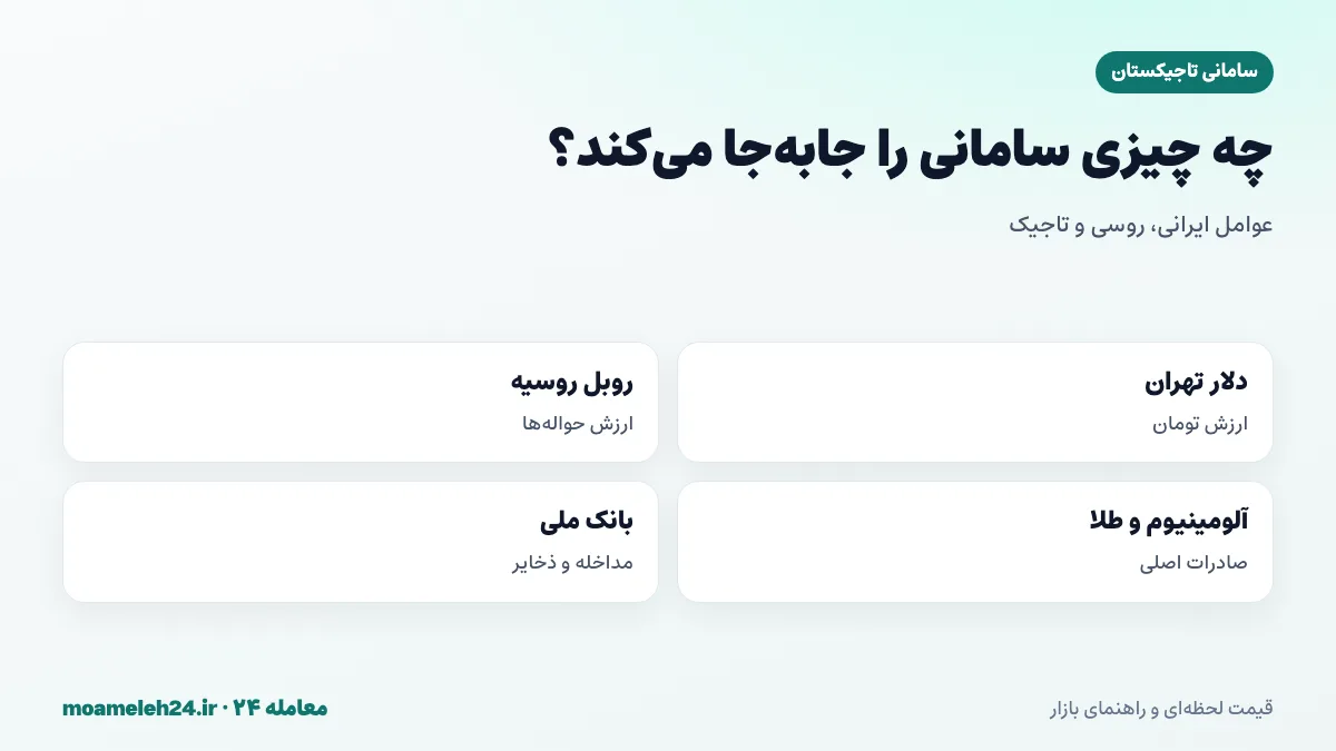 اینفوگرافیک عوامل موثر بر قیمت سامانی تاجیکستان در تهران؛ دلار آزاد، روبل روسیه، حواله ها و قیمت آلومینیوم