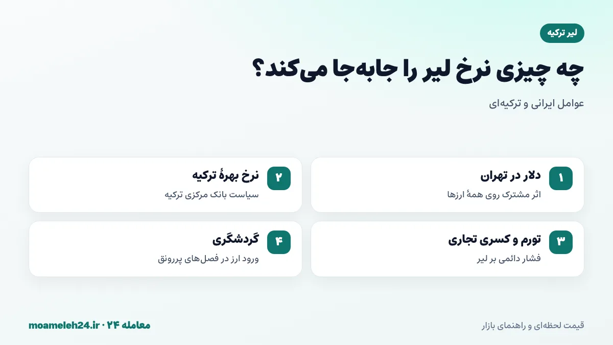 اینفوگرافیک عوامل موثر بر قیمت لیر ترکیه به تومان؛ دلار آزاد، نرخ بهره بانک مرکزی ترکیه، تورم و گردشگری
