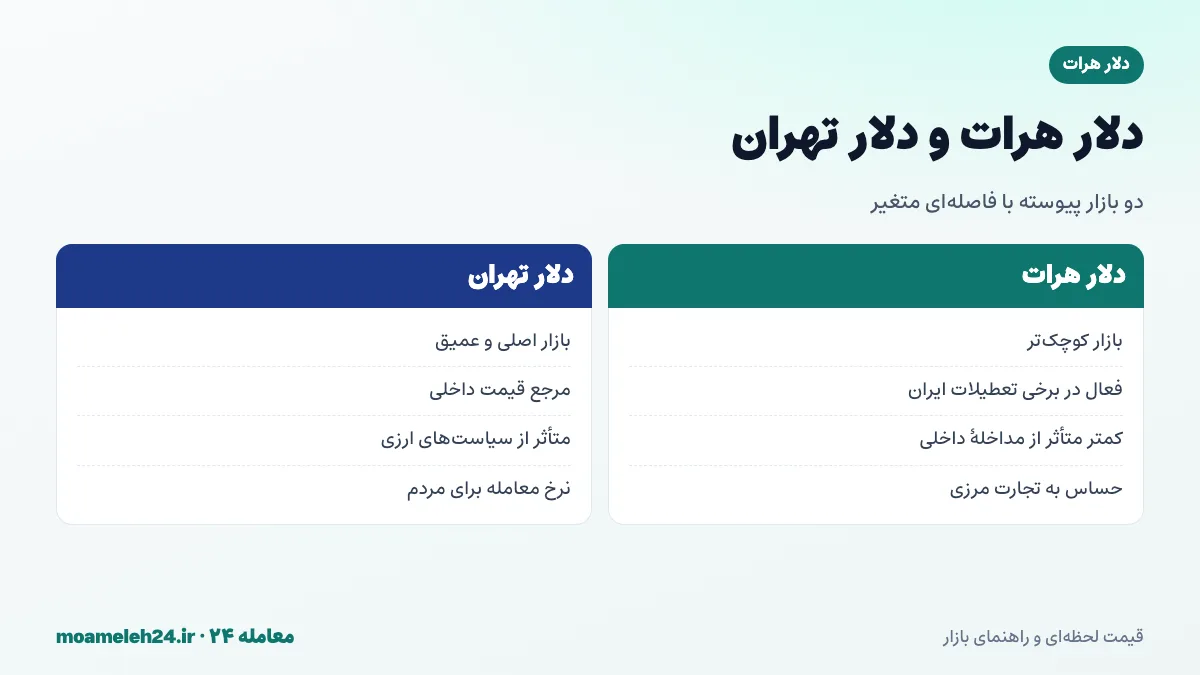 اینفوگرافیک مقایسه دلار هرات با دلار آزاد تهران از نظر عرضه و تقاضا، سرعت واکنش و فاصله قیمت
