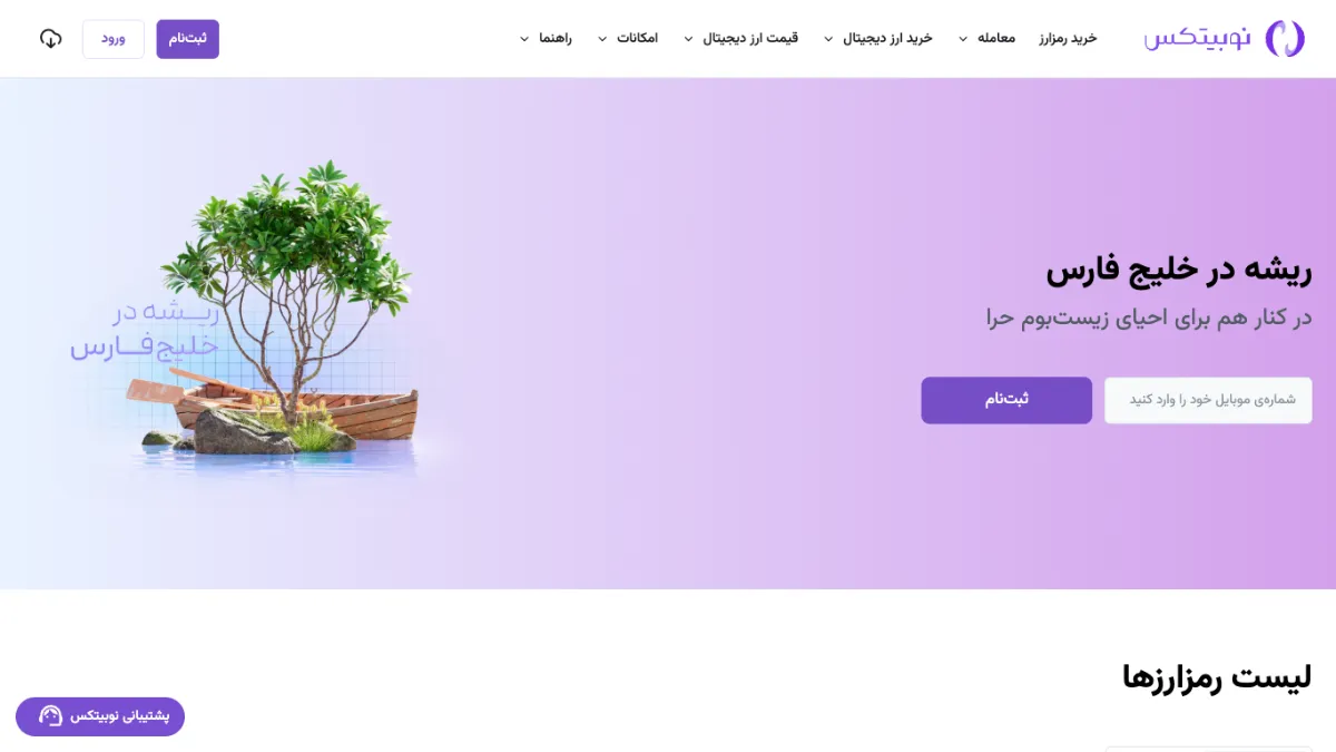 صفحهٔ اصلی سایت نوبیتکس در نمای دسکتاپ