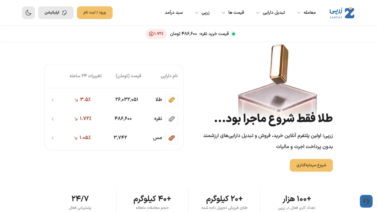 صفحهٔ اصلی سایت زرپی در نمای دسکتاپ